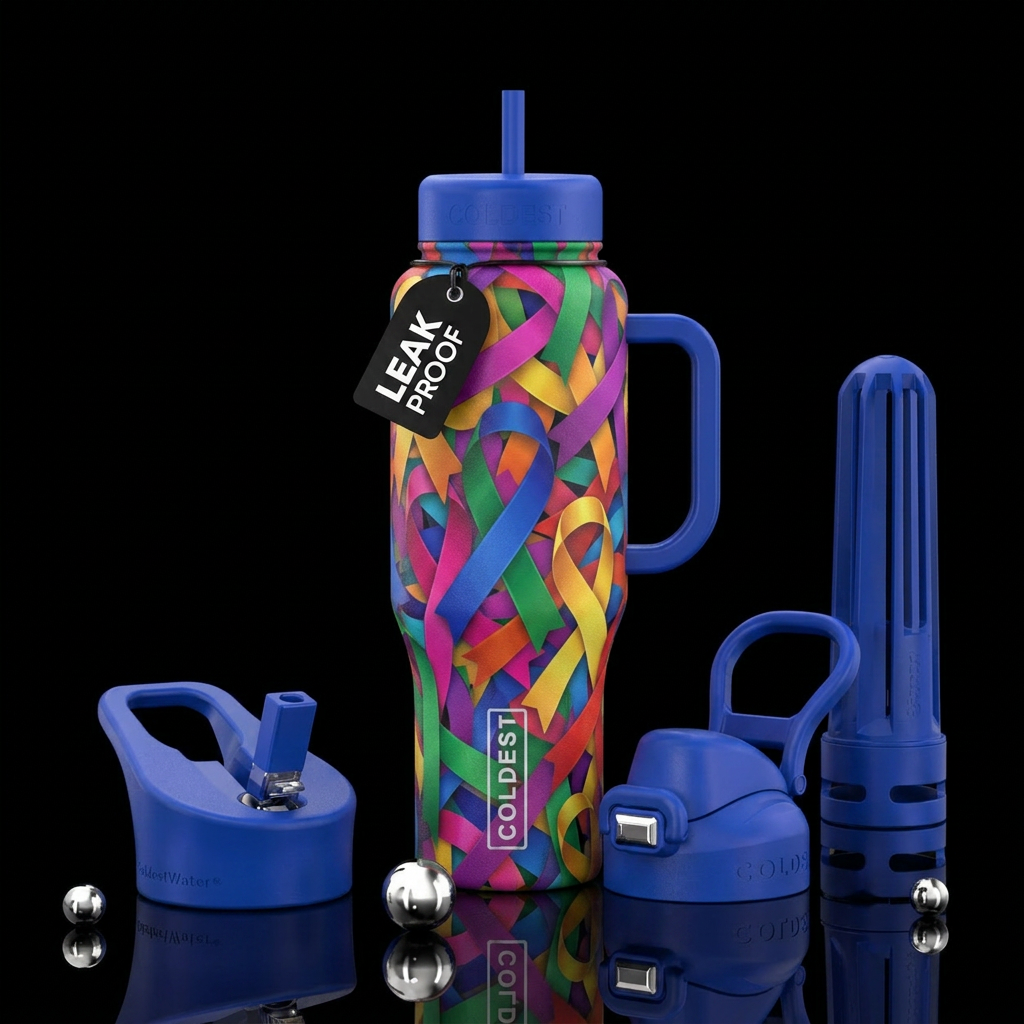 colorful ribbons all over water bottle design