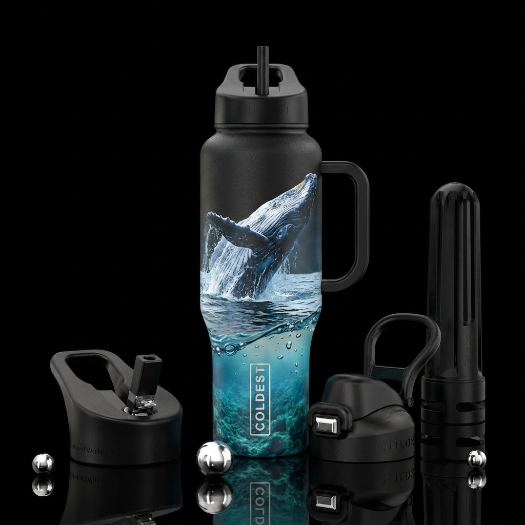 whale breaching to the ocean surface and turning h... water bottle design
