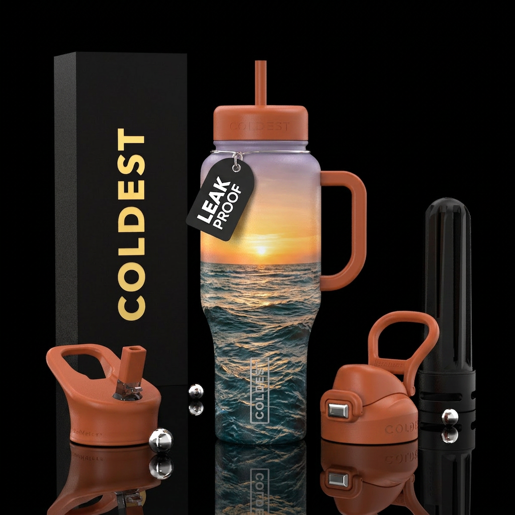 Ocean waves with a sunset water bottle design
