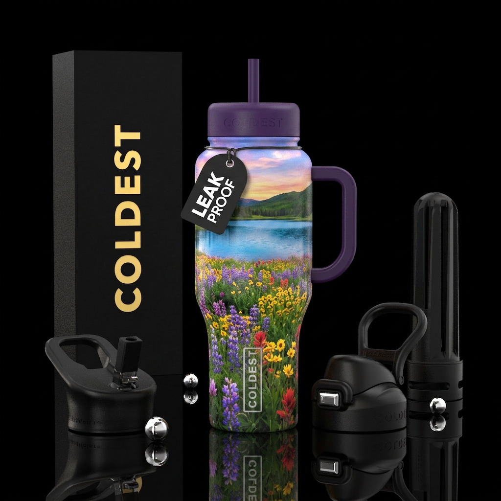 Field of flowers overlooking a lake water bottle design