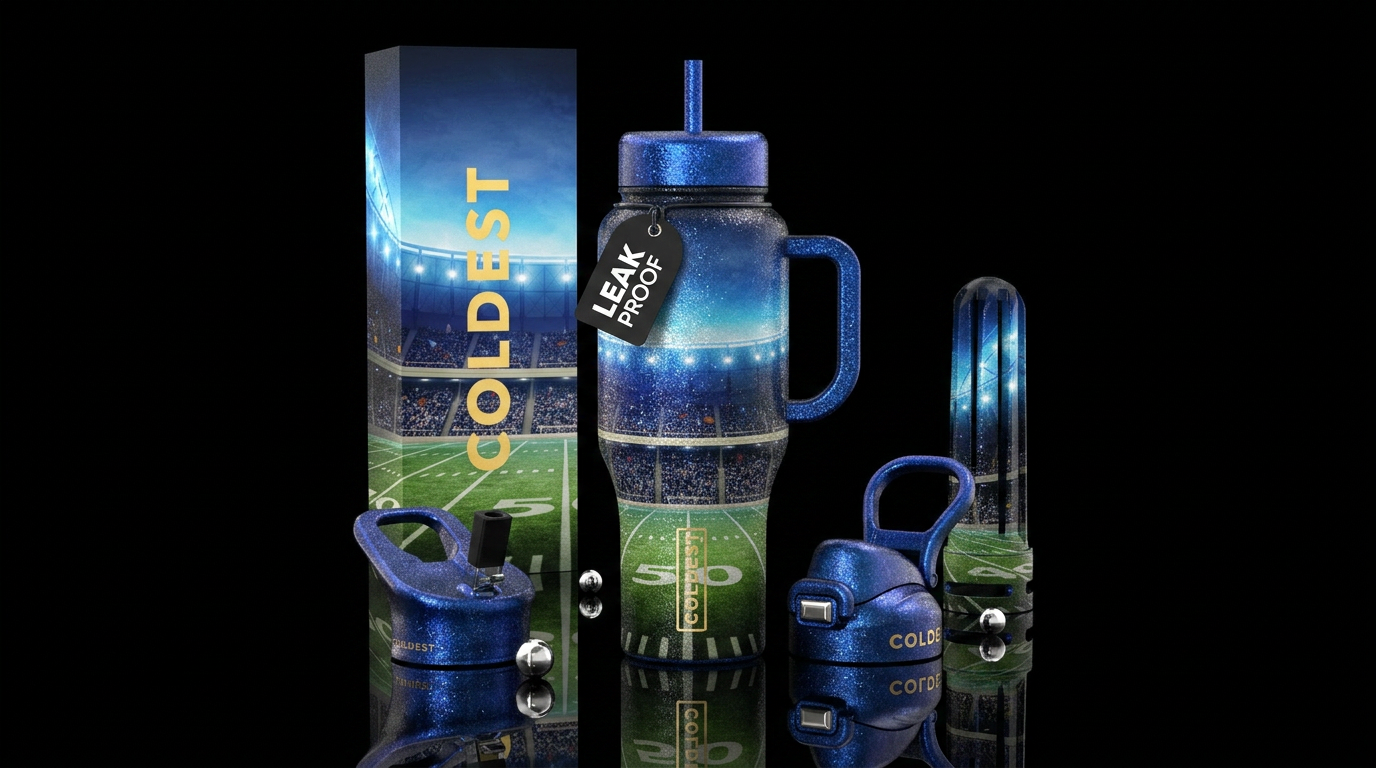 Football, turf, fans, lights, glittery, blues, bla... water bottle design