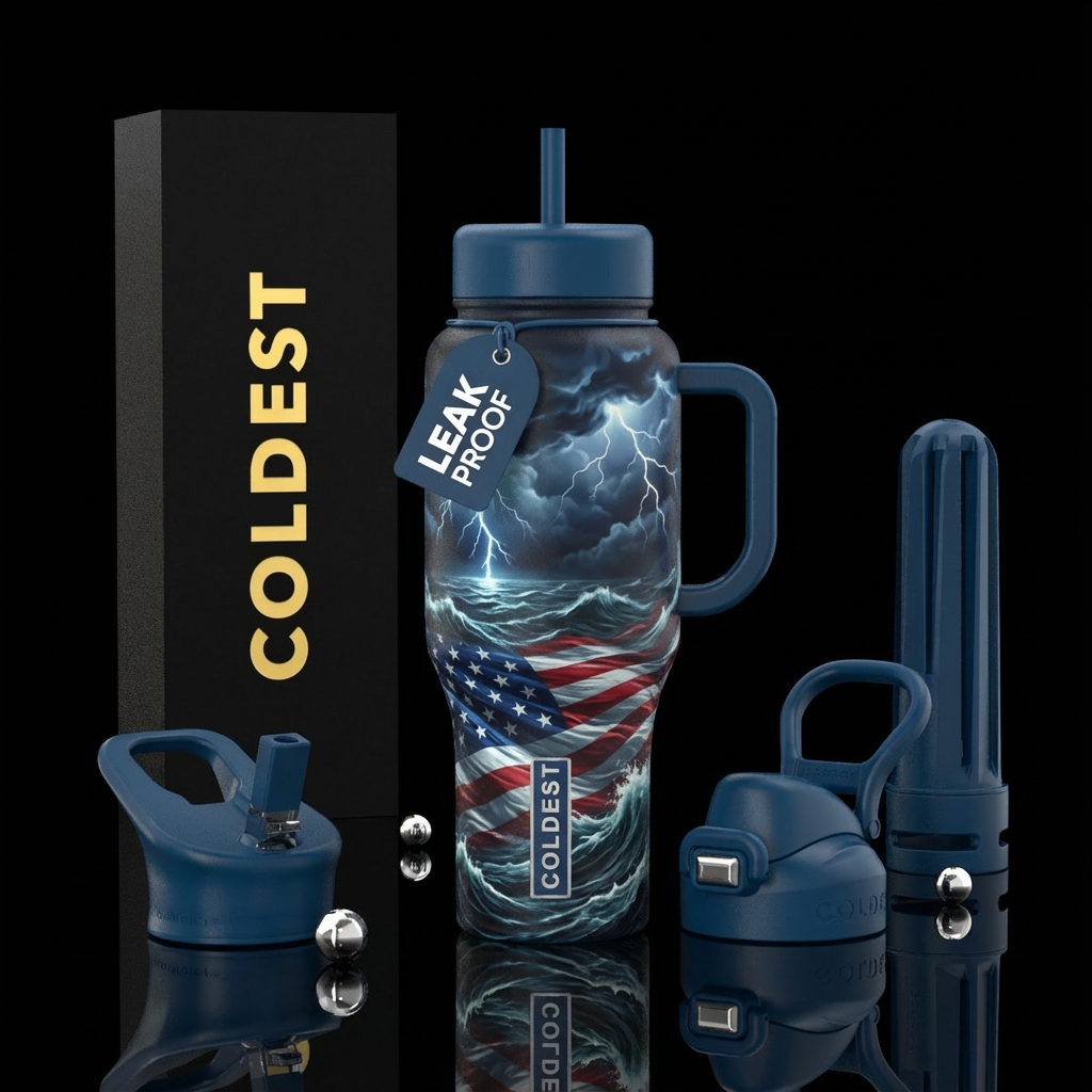 Ocean with the American flag in the waves dark ski... water bottle design