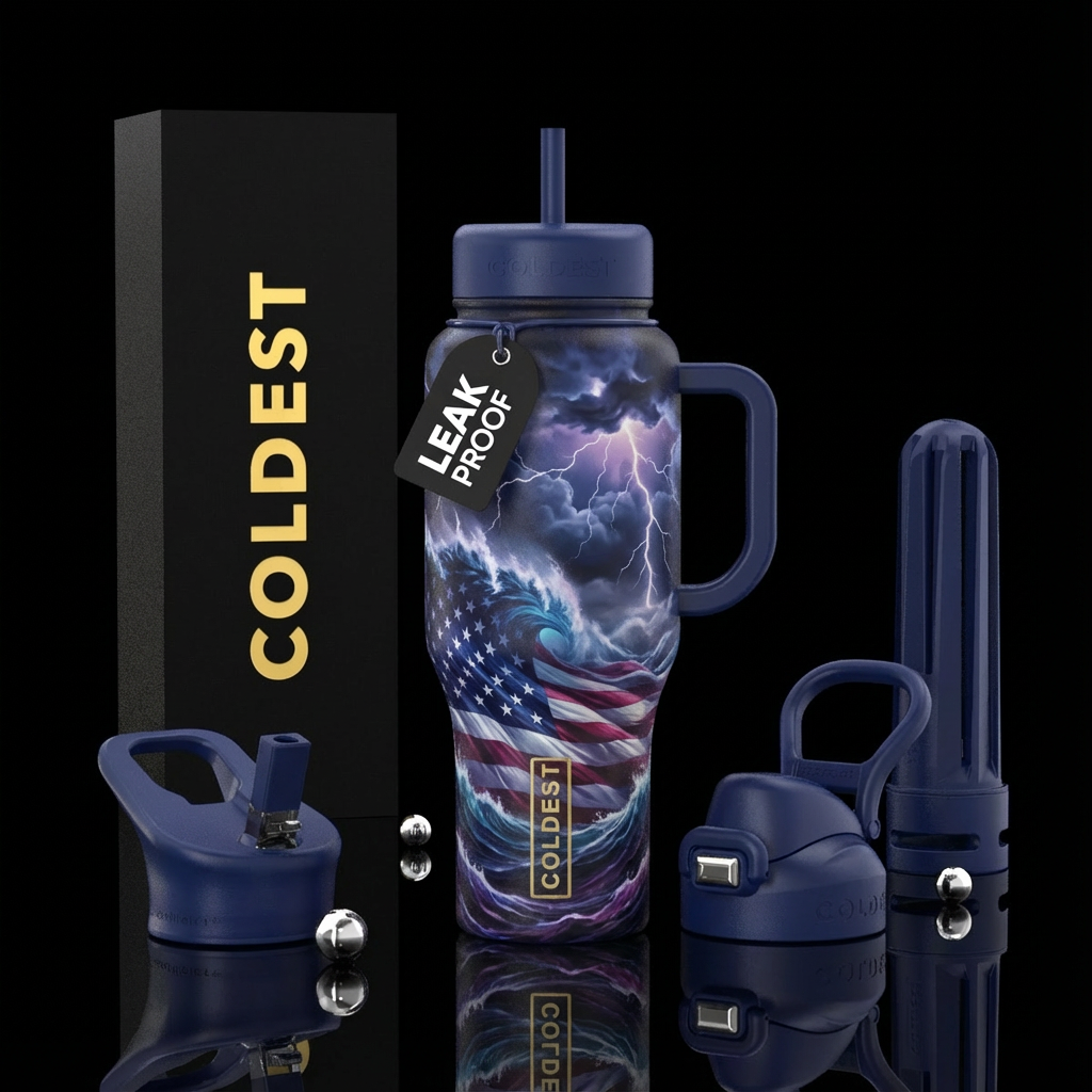 Ocean with the American flag in the waves dark ski... water bottle design