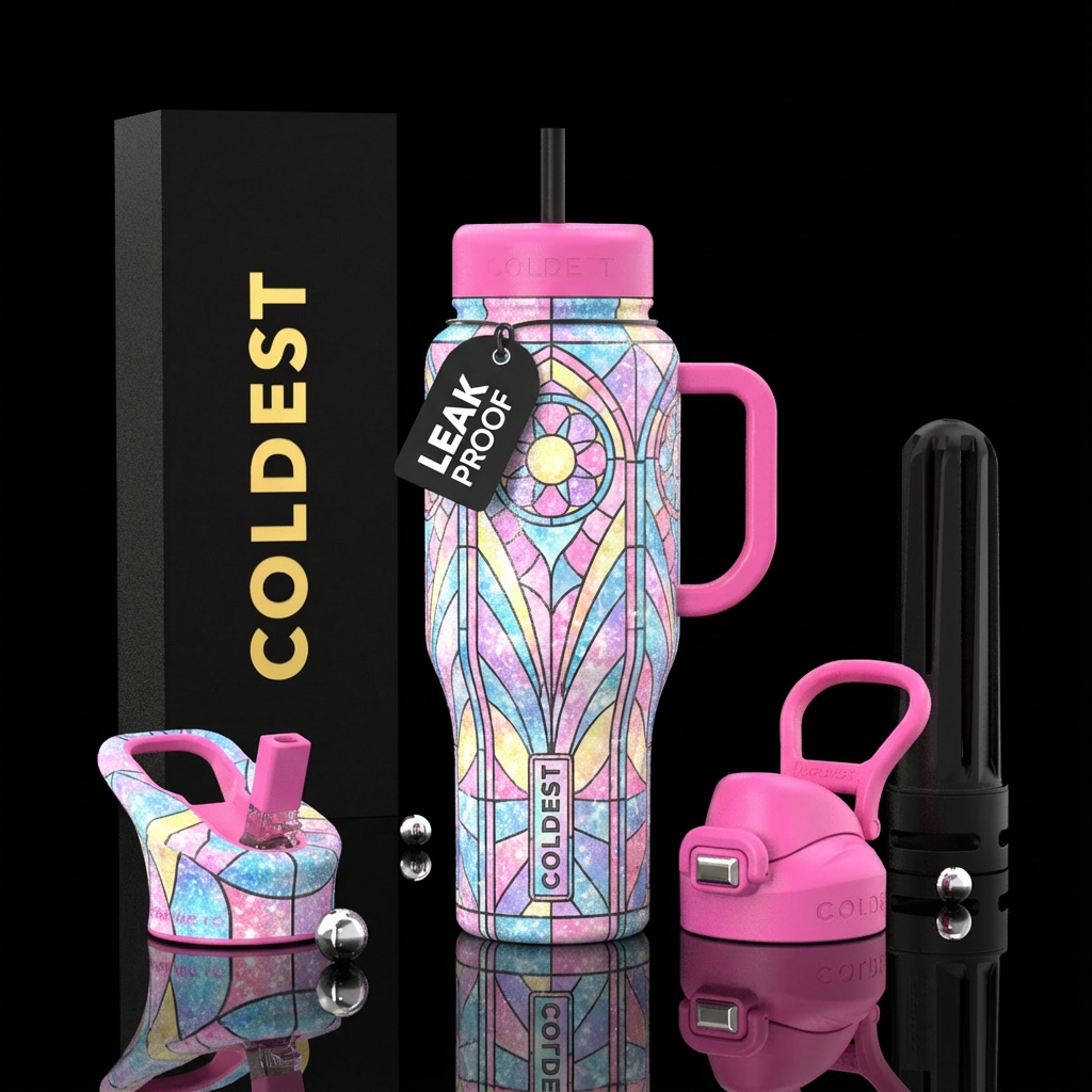 Brighter pastels stained glass window, sparkly wit... water bottle design
