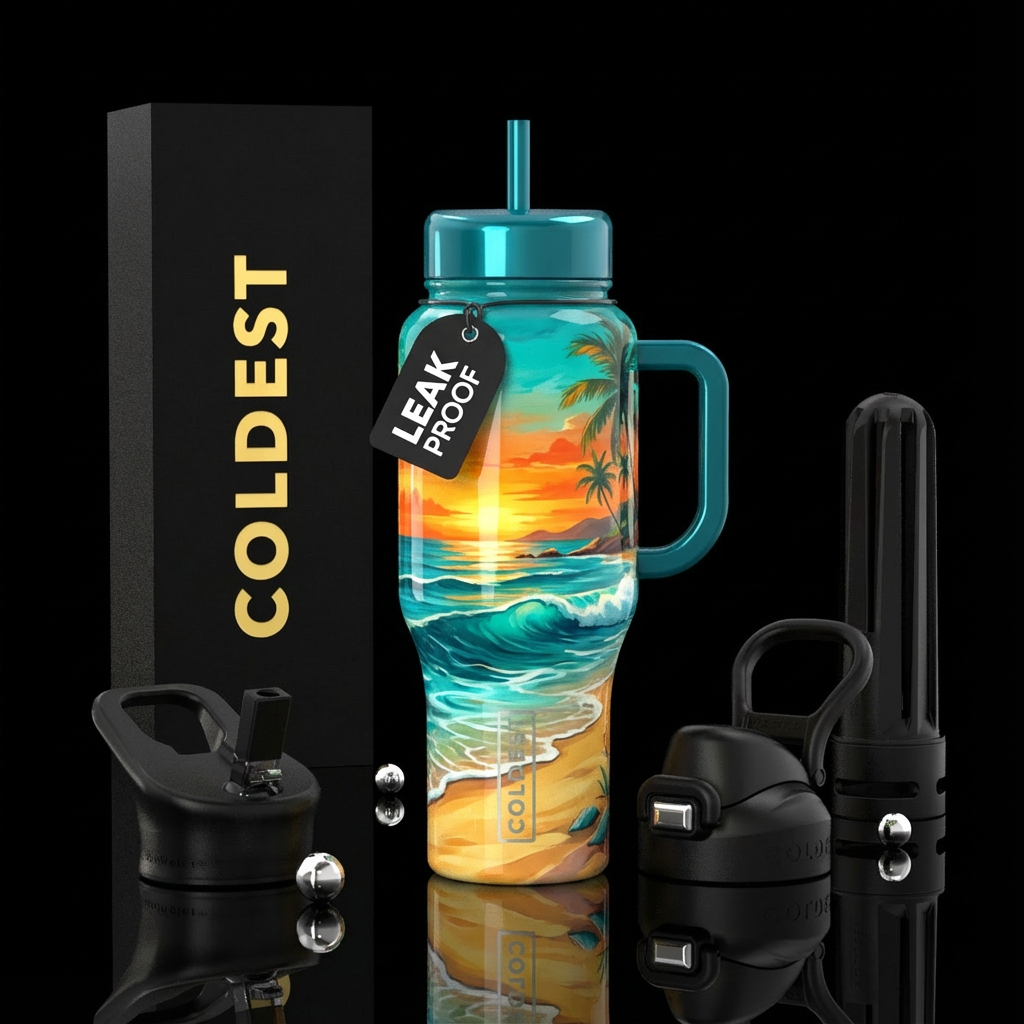 Tranquility at the beach, shiny water bottle design