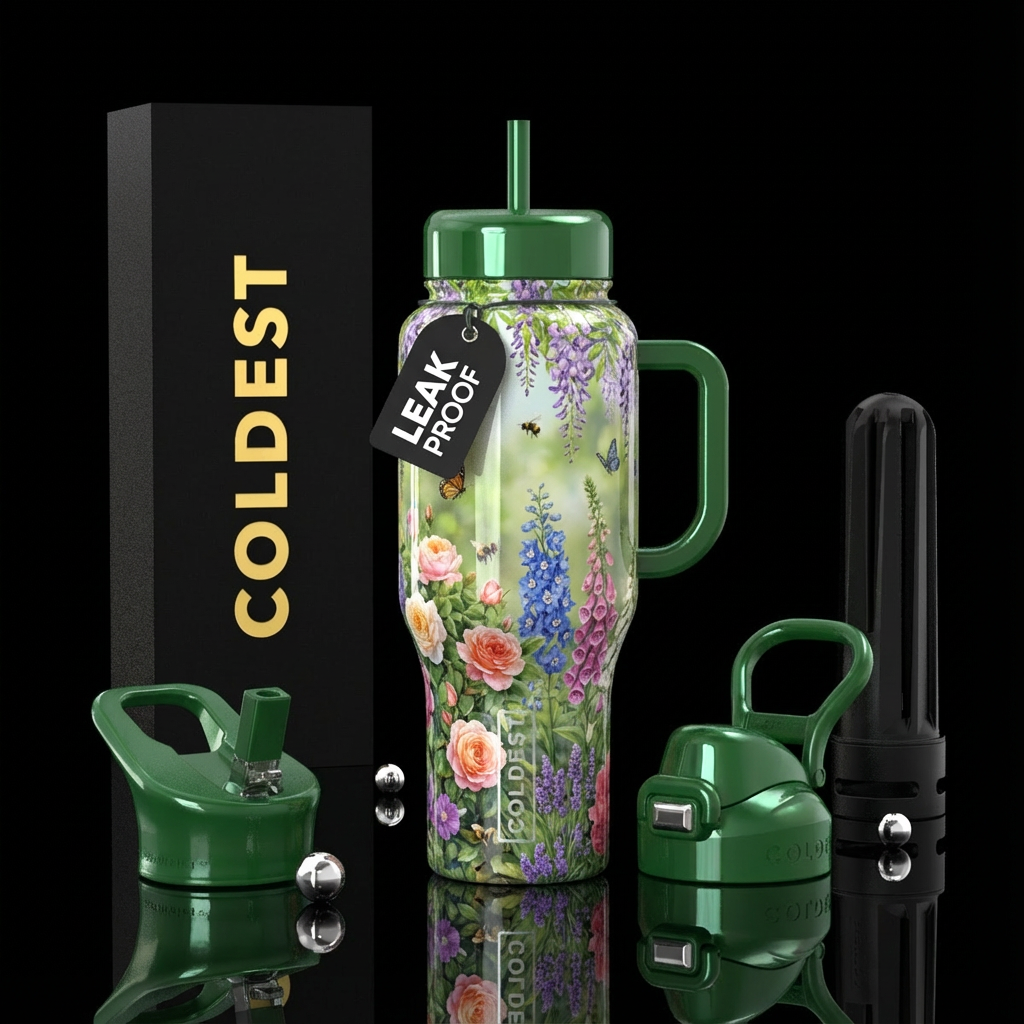 English gardens, realism, shiny water bottle design
