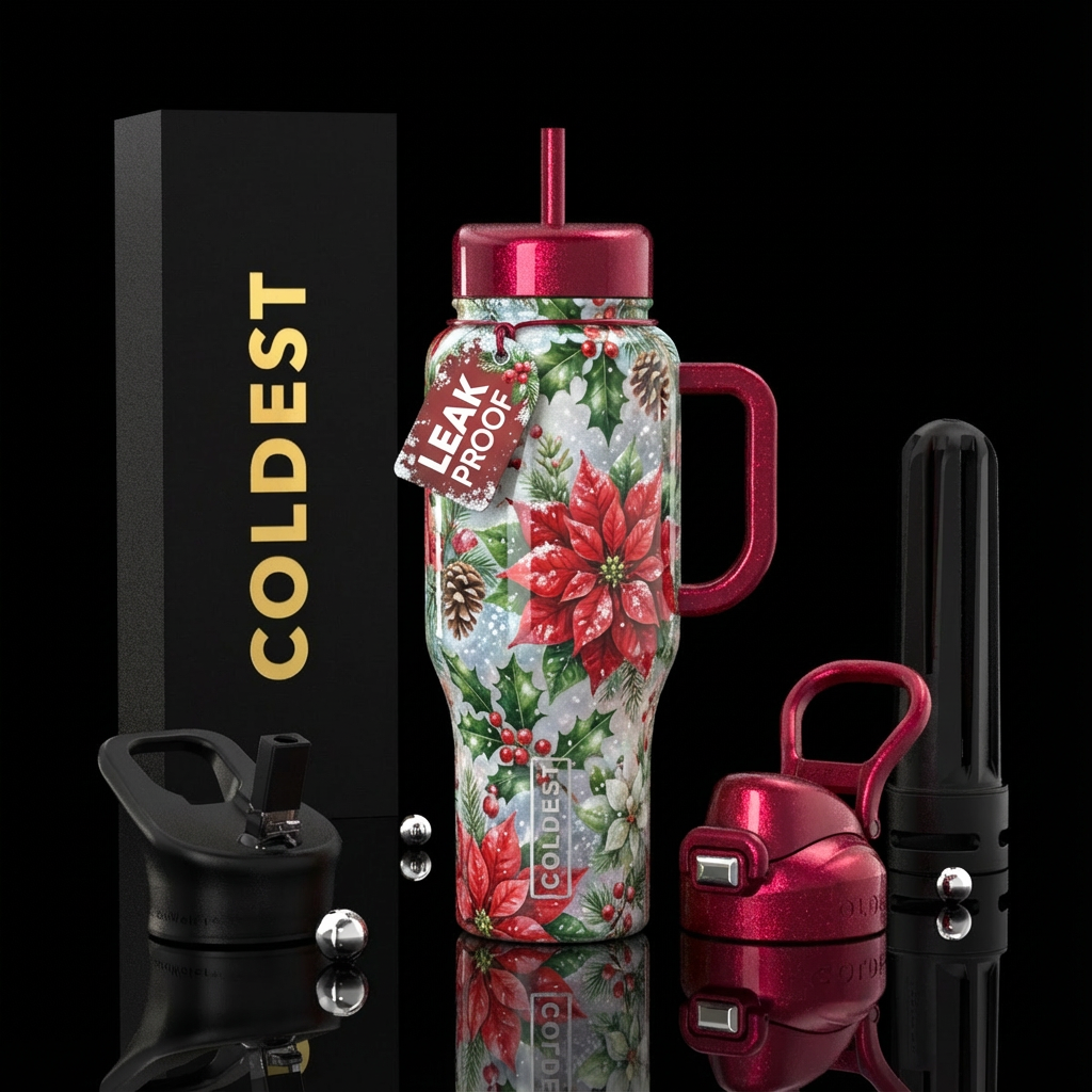 Christmas floral garden with light sparkling snow,... water bottle design