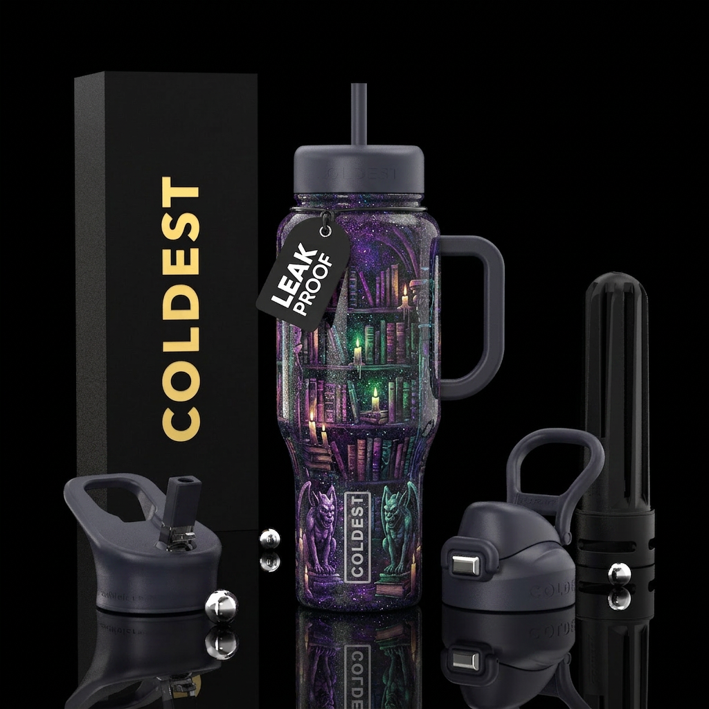 Dary, glittery,  mystical library with candles and... water bottle design