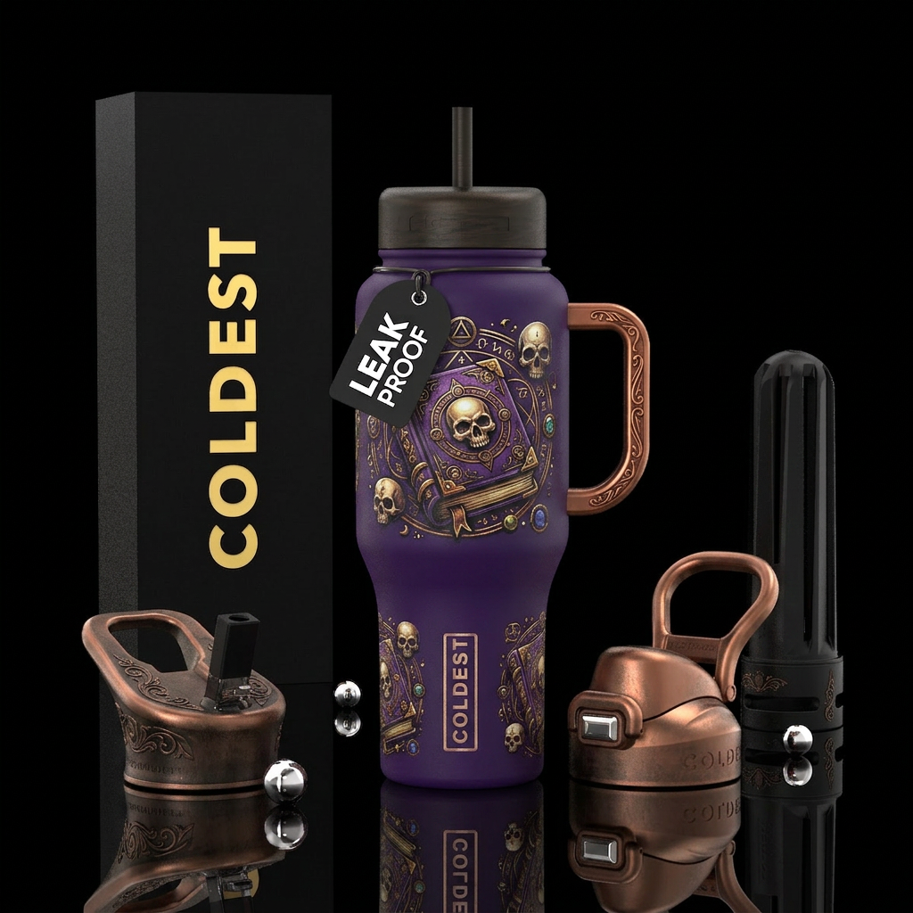Books and skulls and wizardry water bottle design