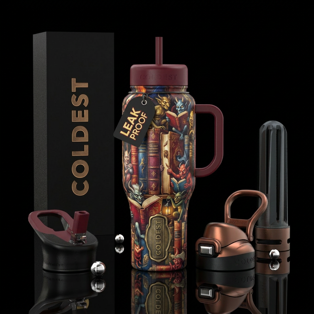 College books and demons water bottle design