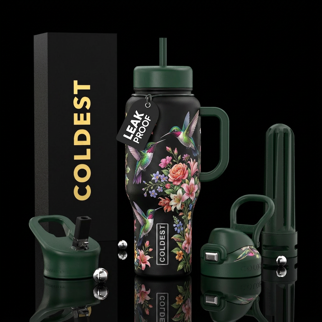 Hummingbirds flitting around gloral flower bushes ... water bottle design