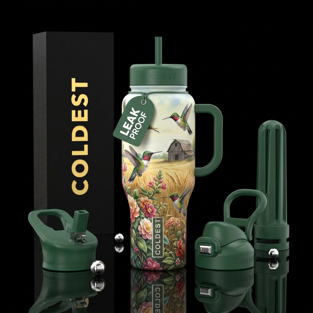 Hummingbirds flitting around gloral flower bushes ... water bottle design