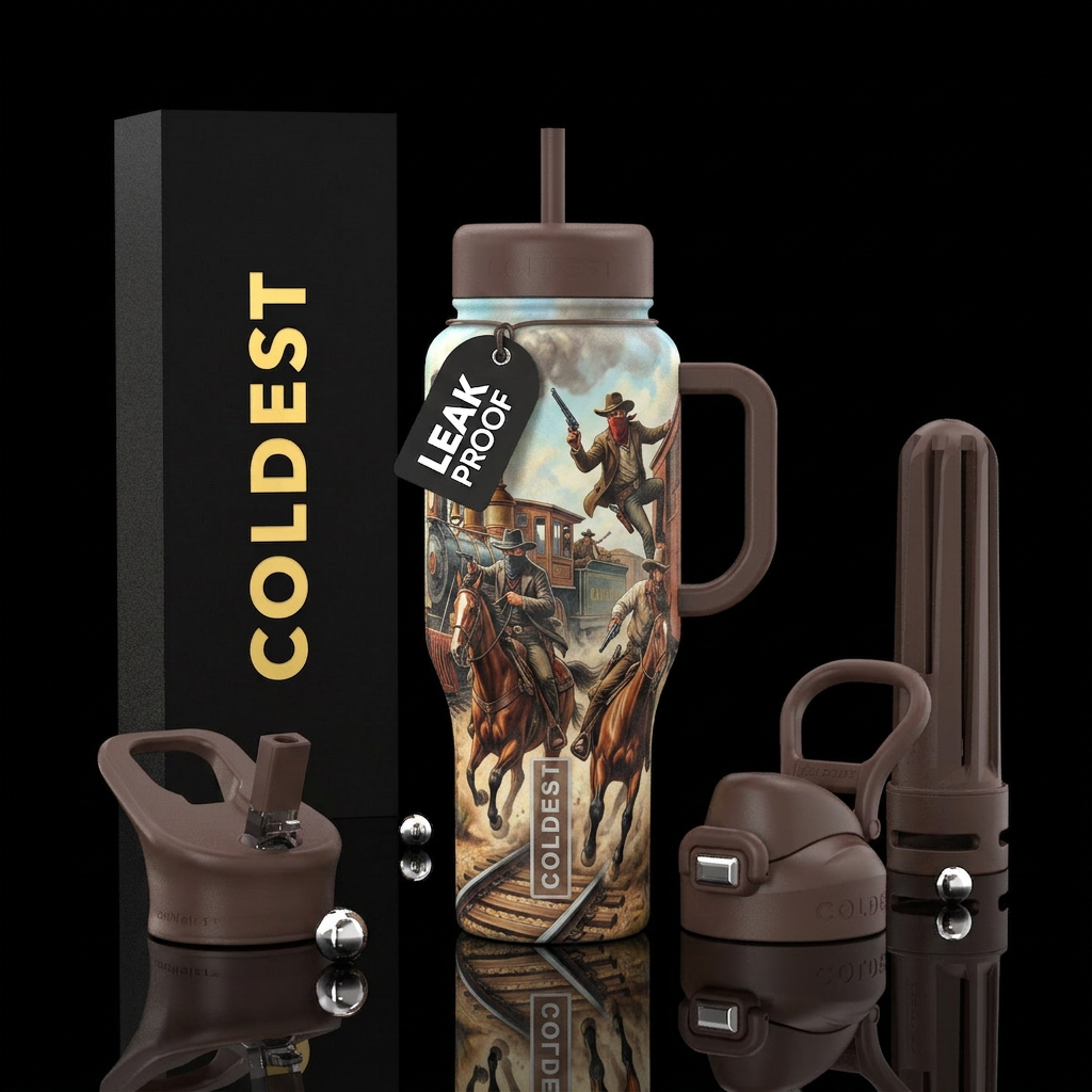 Gunslingers robbing a train in western days water bottle design