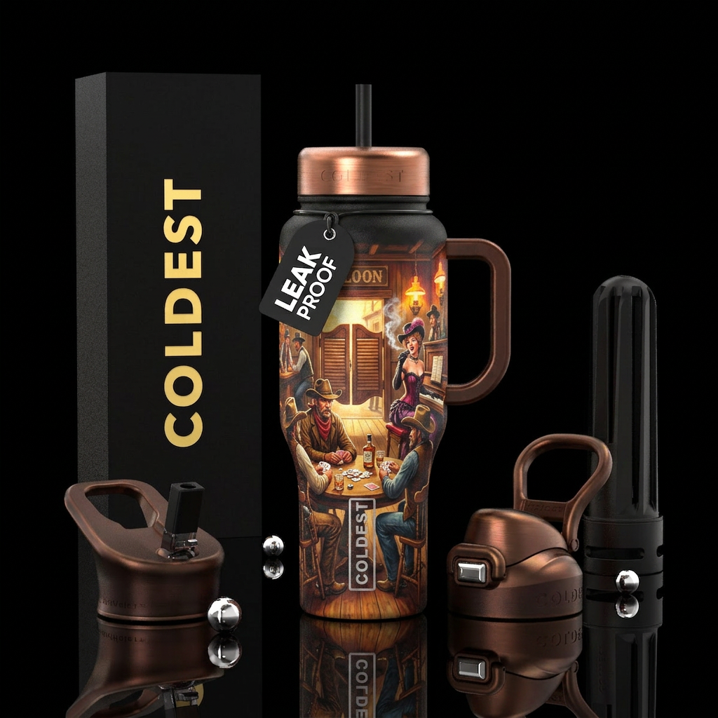 Doors opening a saloon with cowboys playing cards ... water bottle design