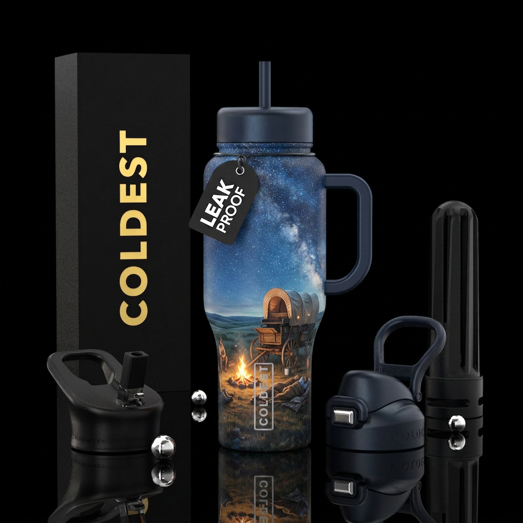 Out in prairie with a chuck wagon sleeping under t... water bottle design