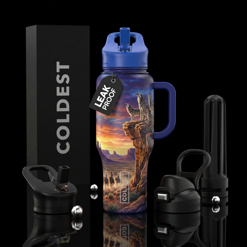Wolves howling on a cliffside with cowboys on hors... water bottle design