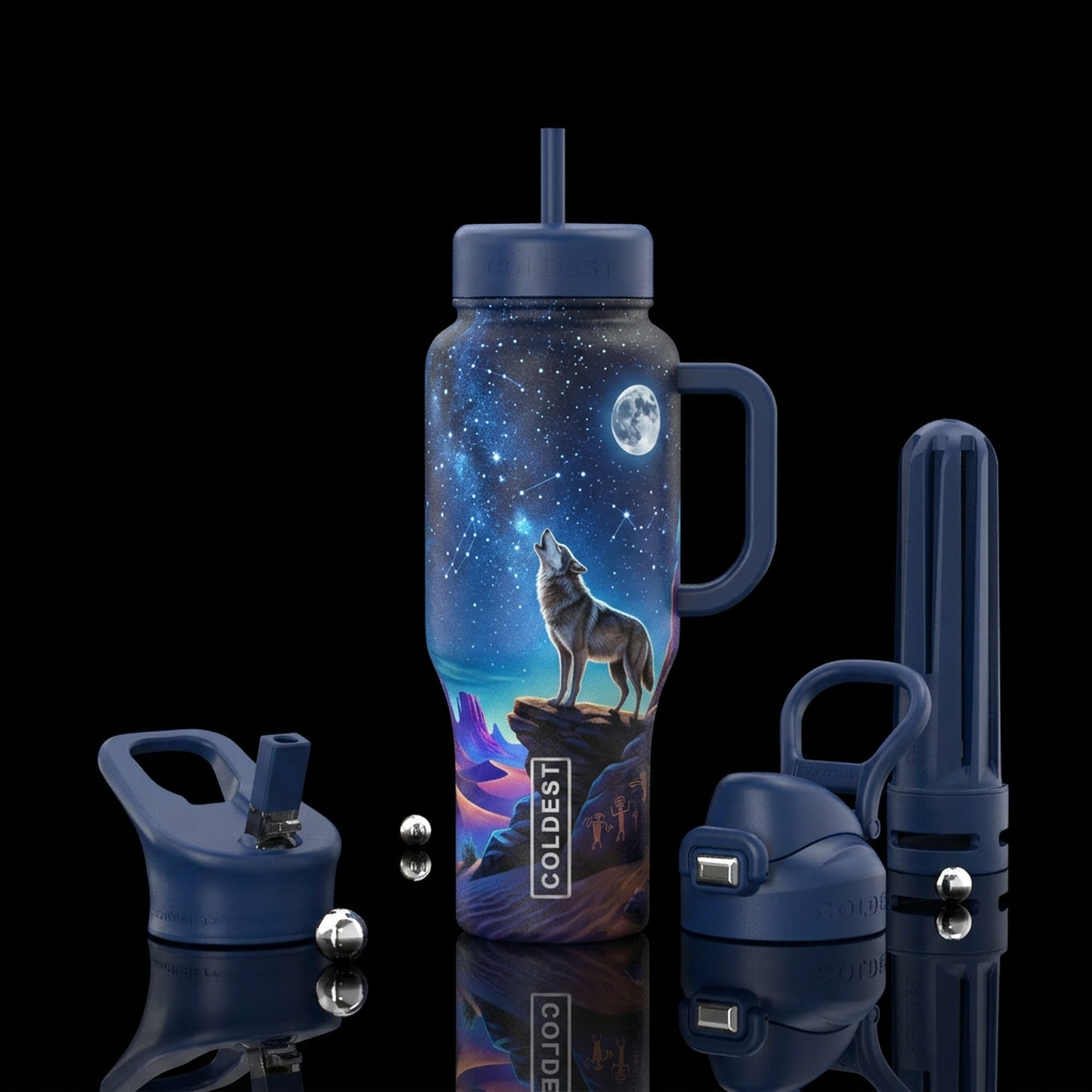 Lone wolf in desert under the moon and stars holwl... water bottle design