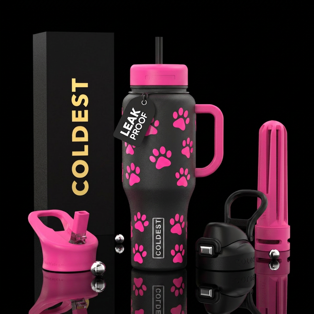 Black cup with hot pink paws water bottle design