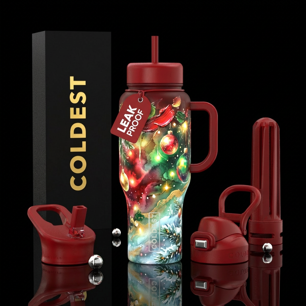 Christmas, glowie,, watercolor, oil painted water bottle design