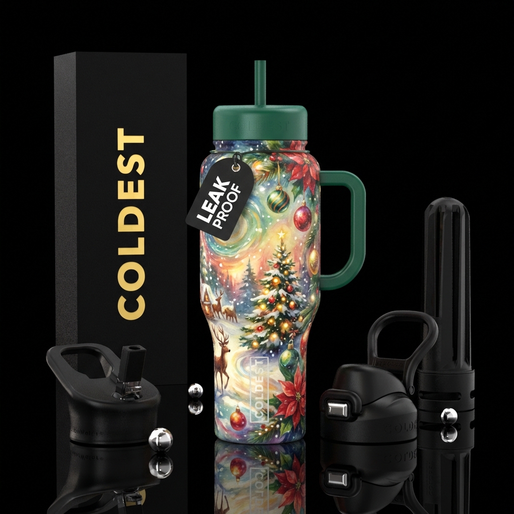 Christmas, watercolor, oil, painting glow water bottle design