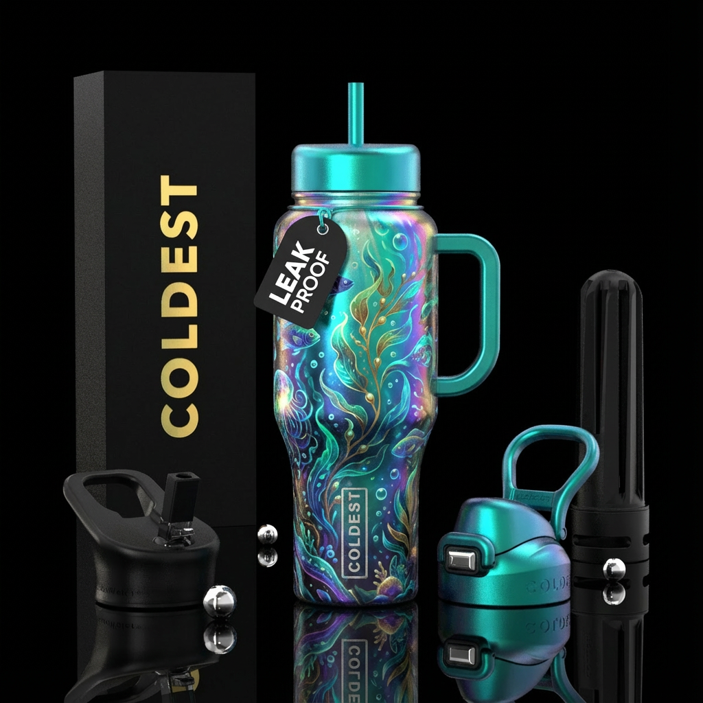 Cali kelp forest, irridescent, glowie water bottle design