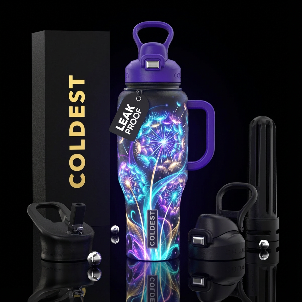 dandelion flower, glowie, magical, abstract water bottle design
