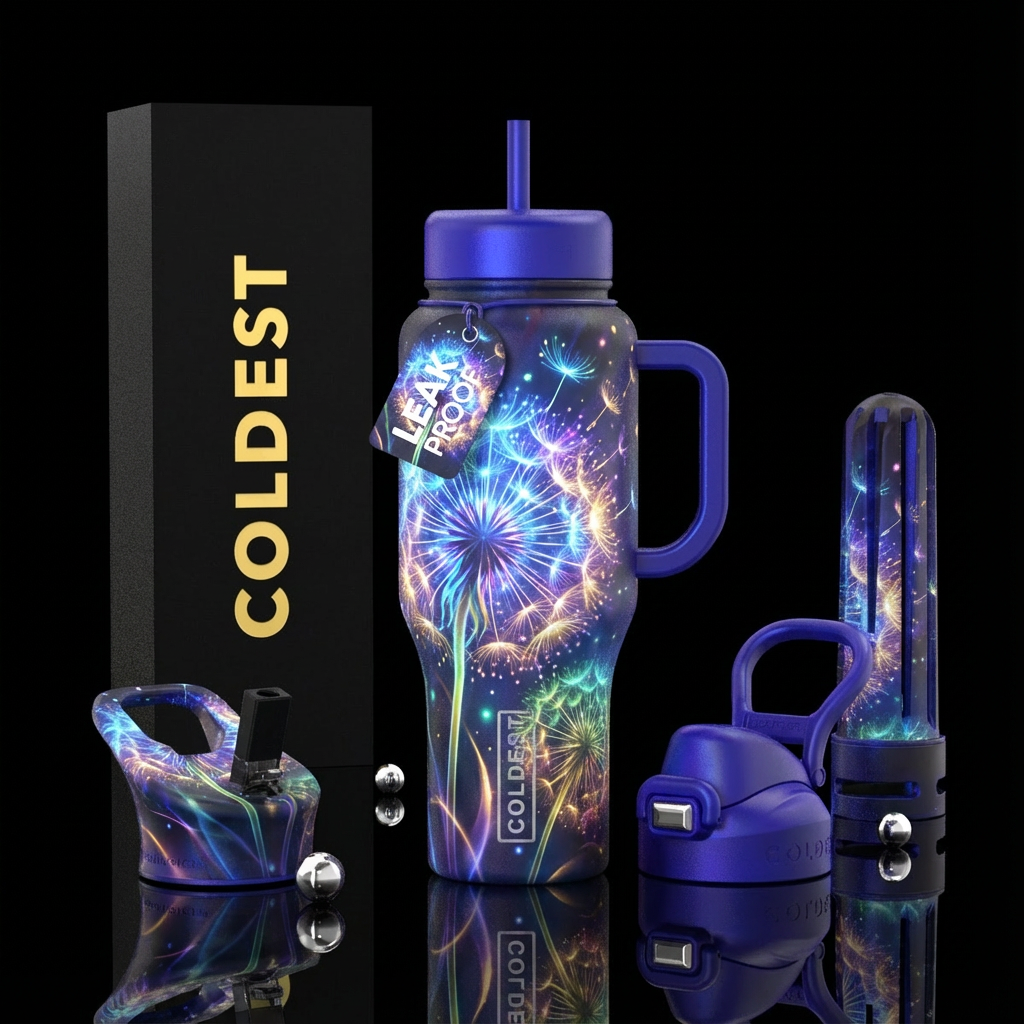 dandelion flower, glowie, magical, abstract water bottle design