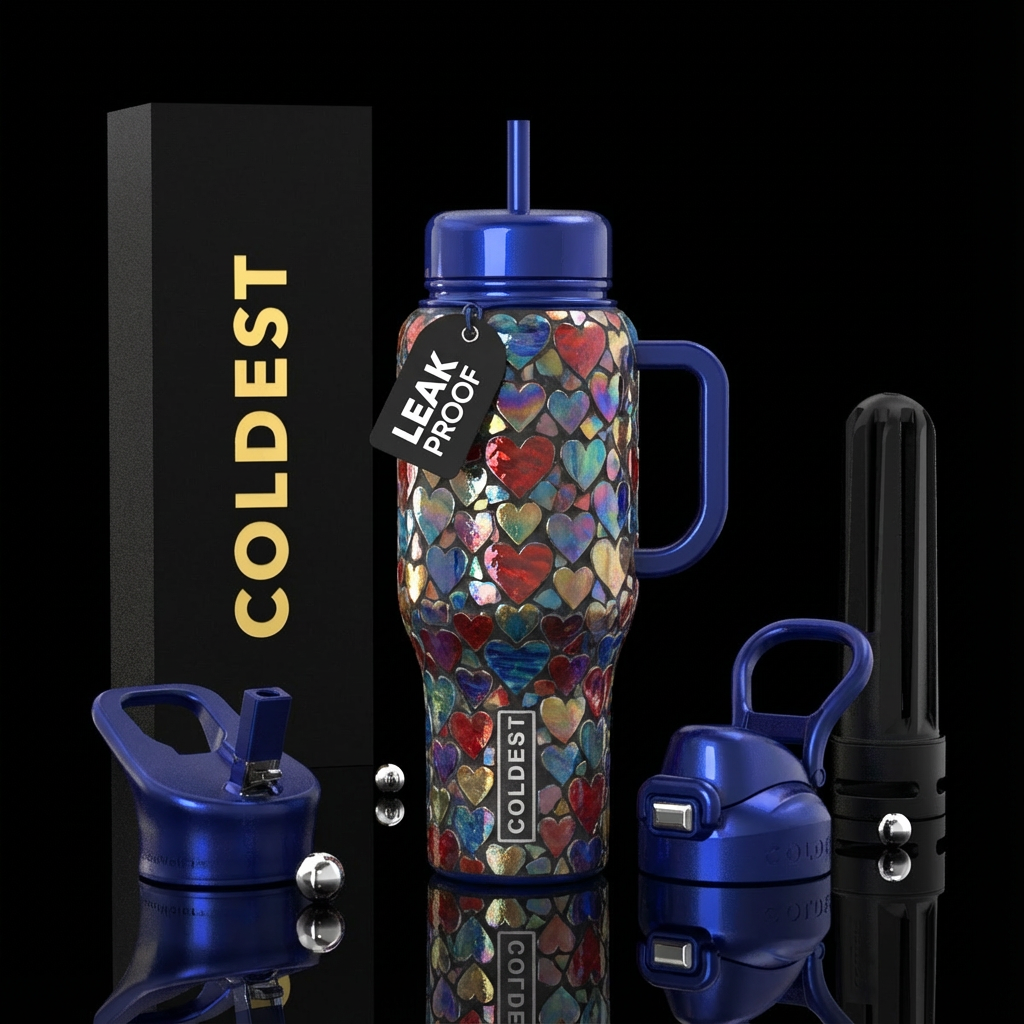 mosaic hearts, artistic, beautiul, shiny water bottle design