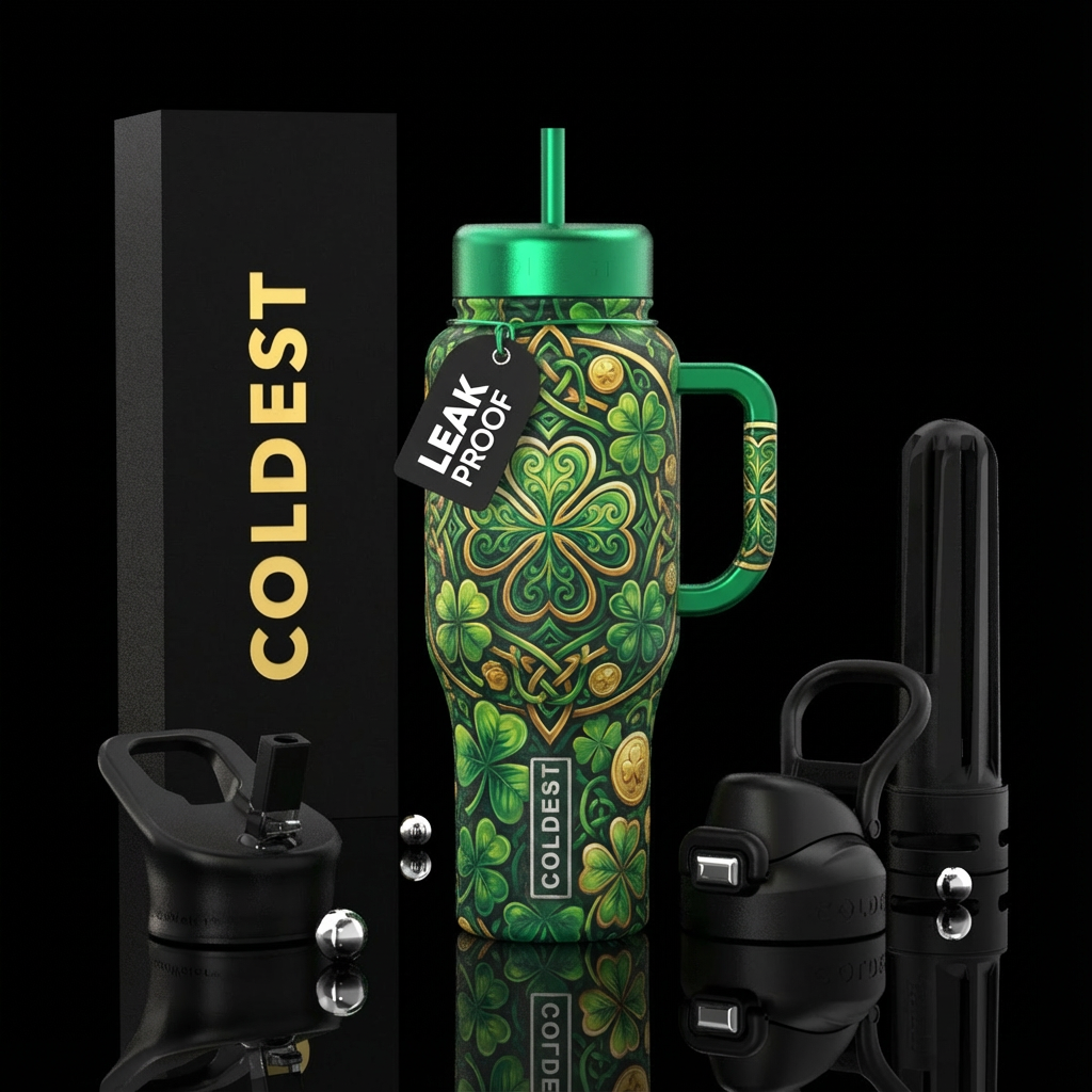 luck of the Irish clover on the handle water bottle design