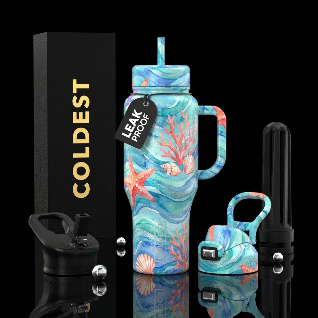 Starfish Coral branches Seashells Flowing water te... water bottle design