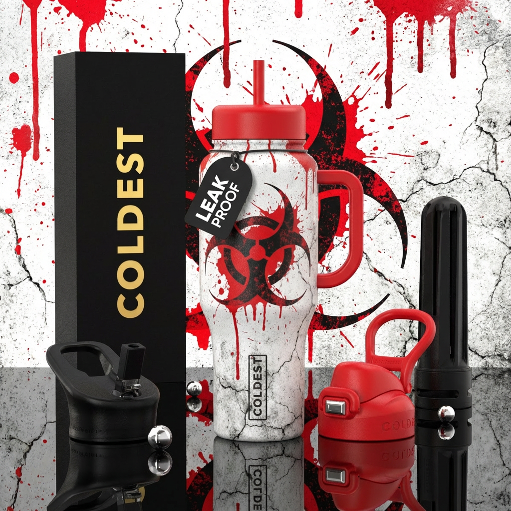 Distressed white background with splattered red ac... water bottle design