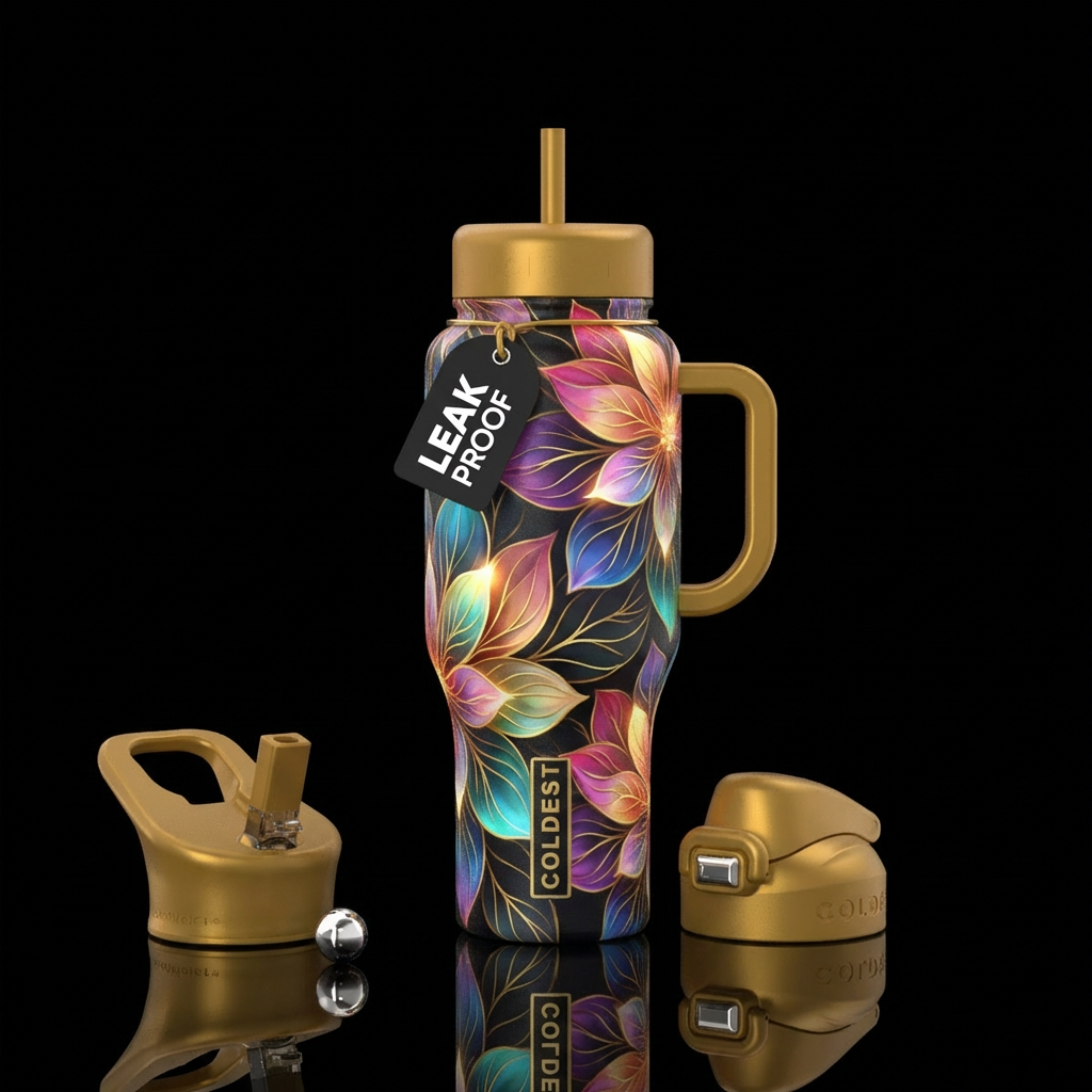 Petals layered in 3D shading Soft glowing highligh... water bottle design