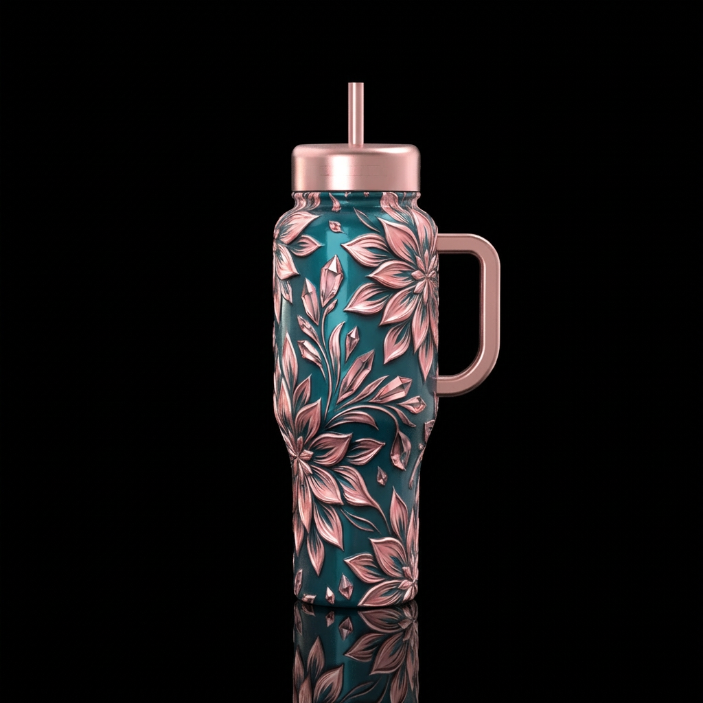 Base: deep teal 3D petal or crystal textures in pi... water bottle design