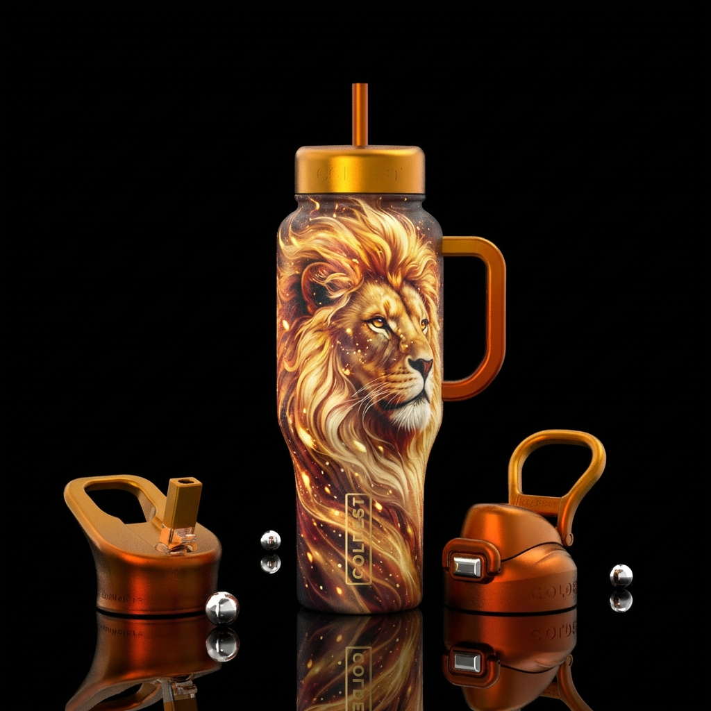 A lion with a massive flowing mane . hyper detaile... water bottle design