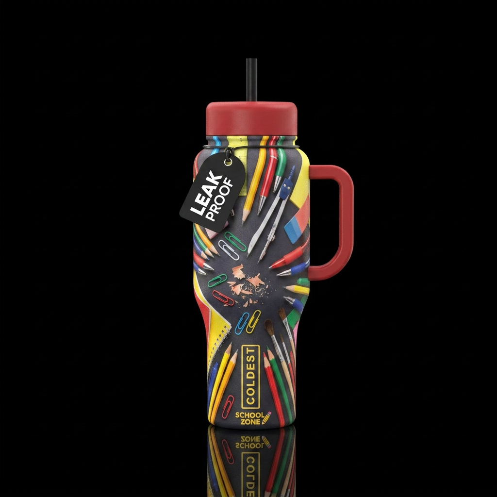 Back to school cup with school supplies on it water bottle design