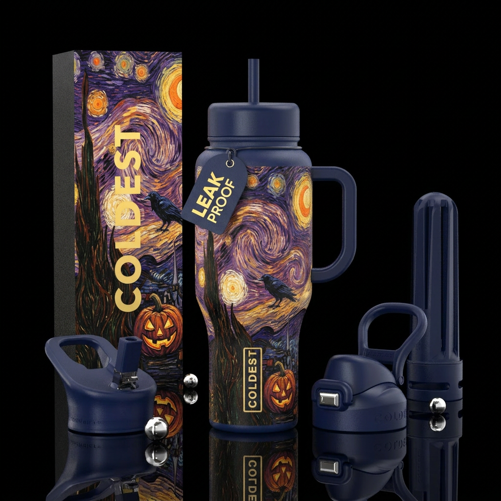 Van gogh halloween water bottle design