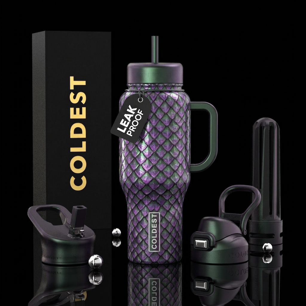 Purple and green dragon texture water bottle design