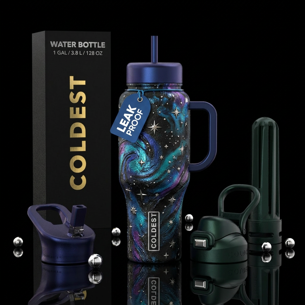 A metallic and black starry night design water bottle design