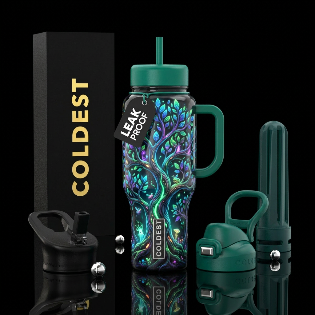 glowie, whimsical, trees water bottle design
