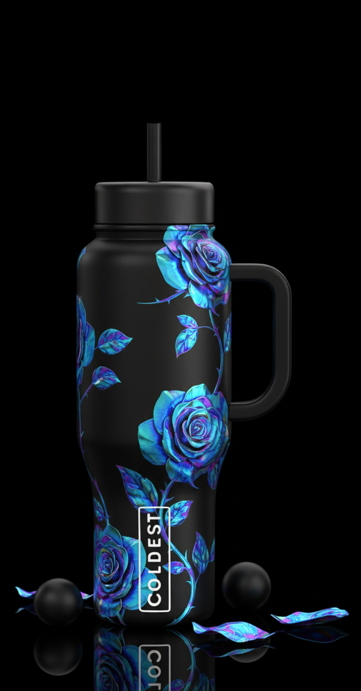 Solid black with iridescent blue roses water bottle design