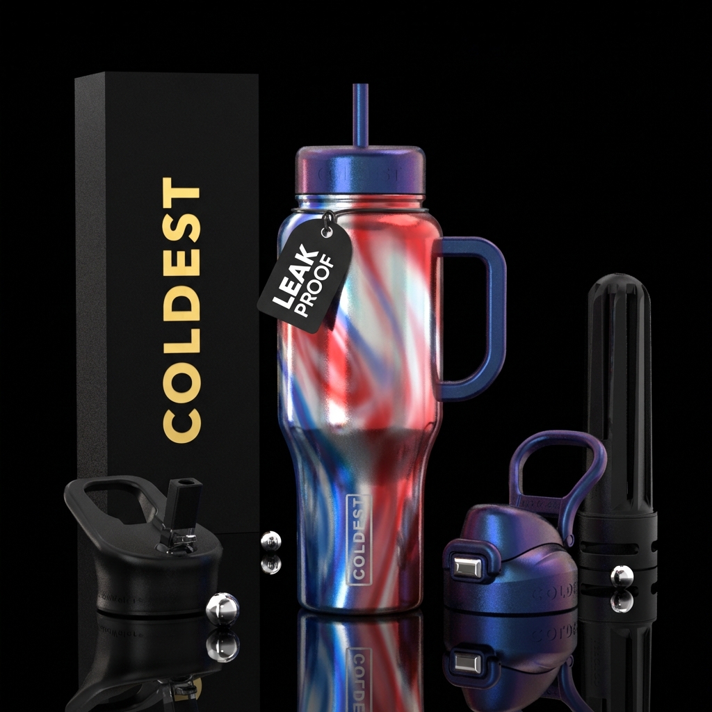Red, white and blue  iridescent design on whole tu... water bottle design