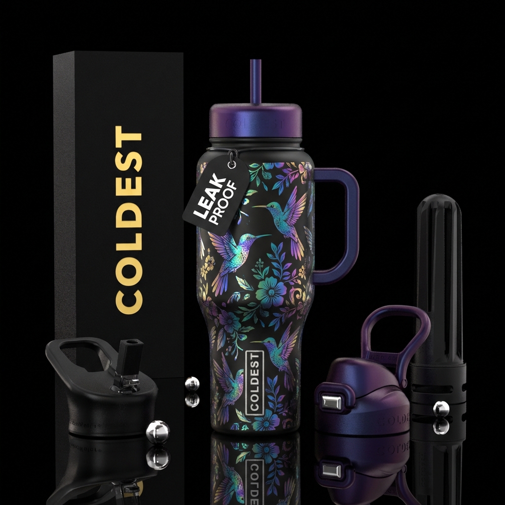 A solid black base with iridescent hummingbirds fl... water bottle design