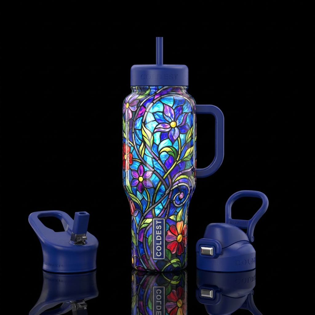 Vibrant Stained glass mosaic fantasy floral design... water bottle design