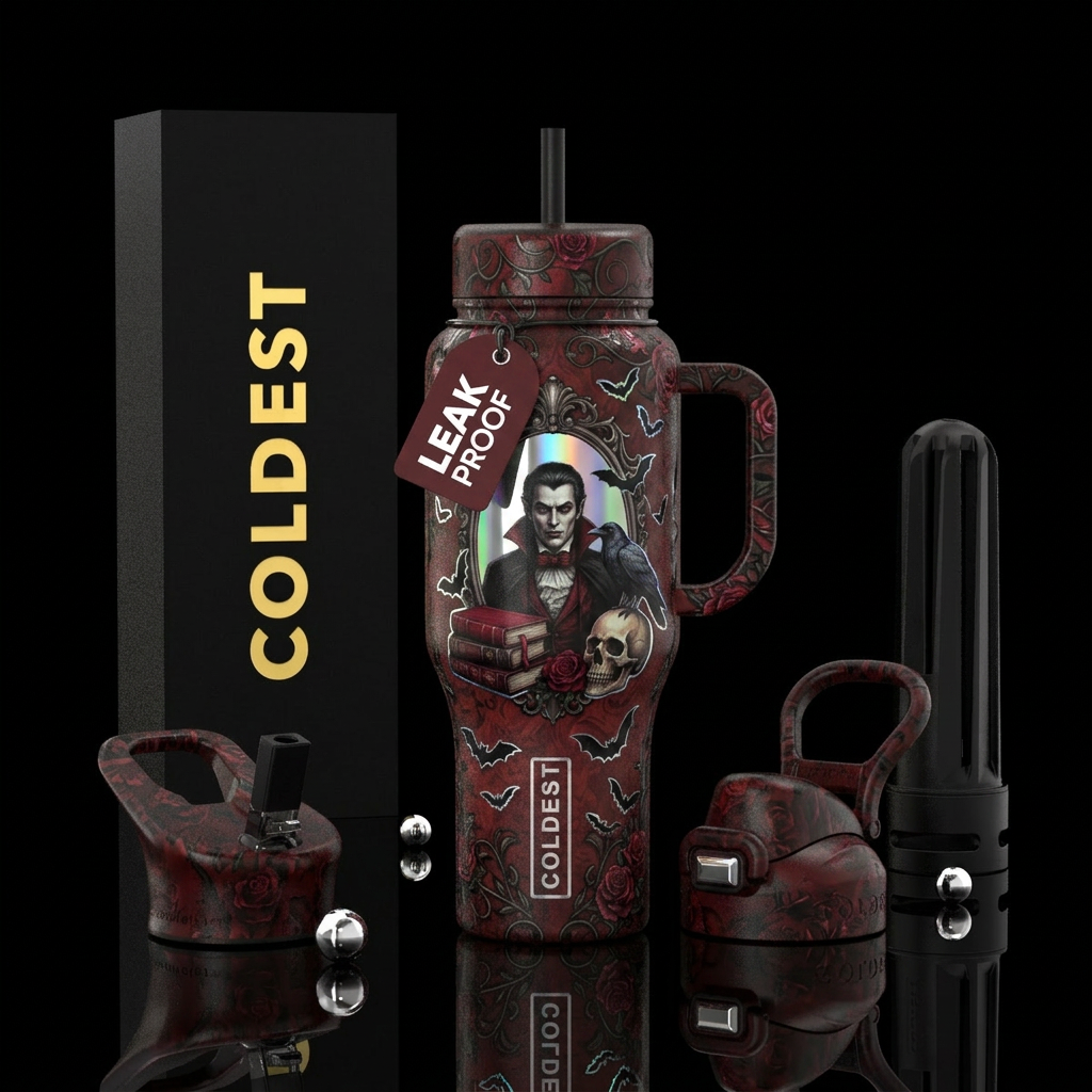 Vampire manor water bottle design