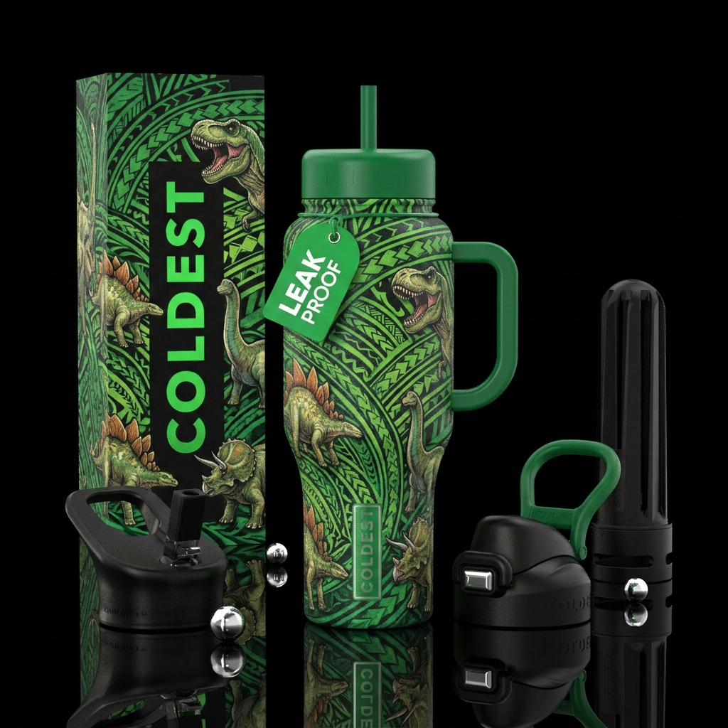 Prehistoric jungle water bottle design