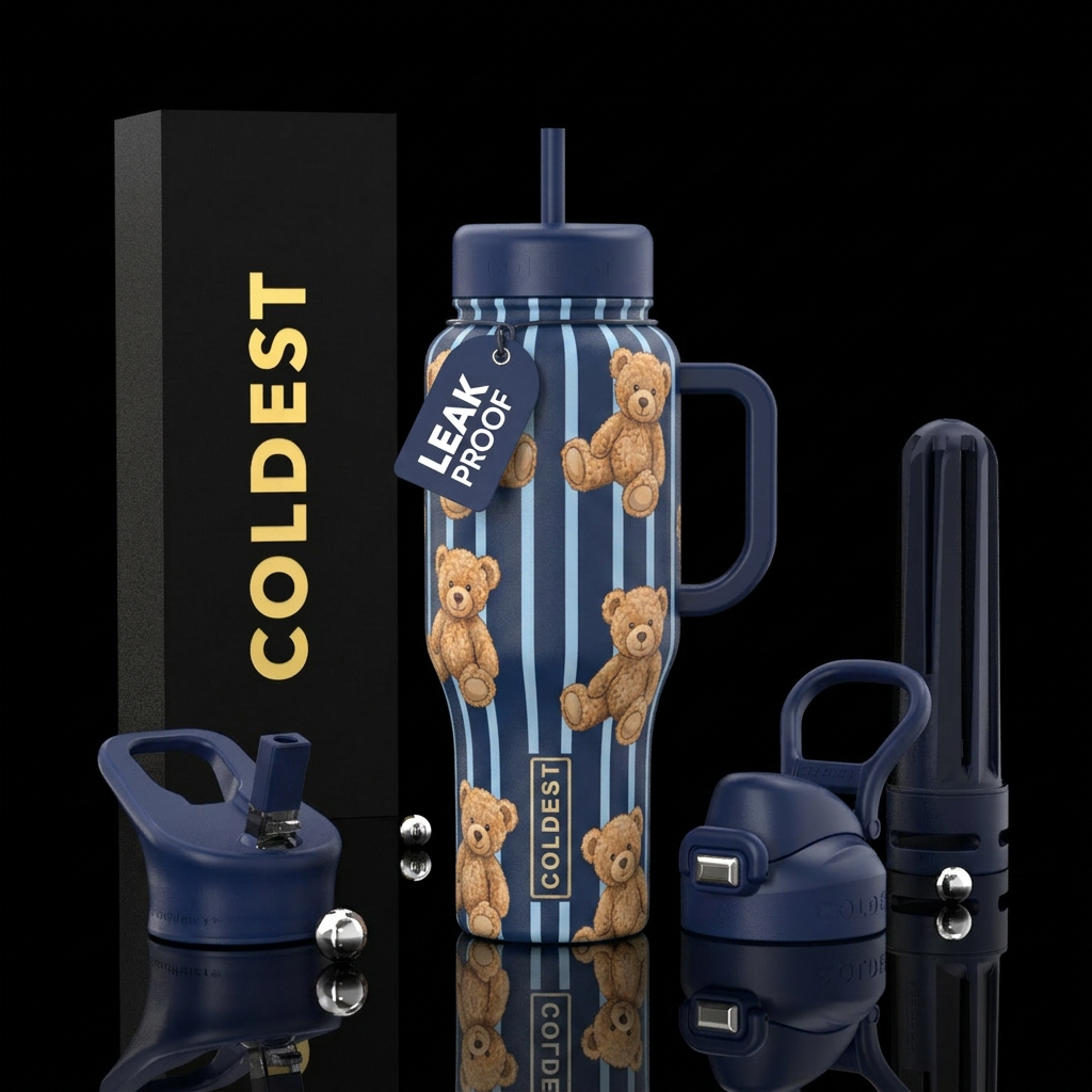 Dark blue base handle and lids with light blue ver... water bottle design