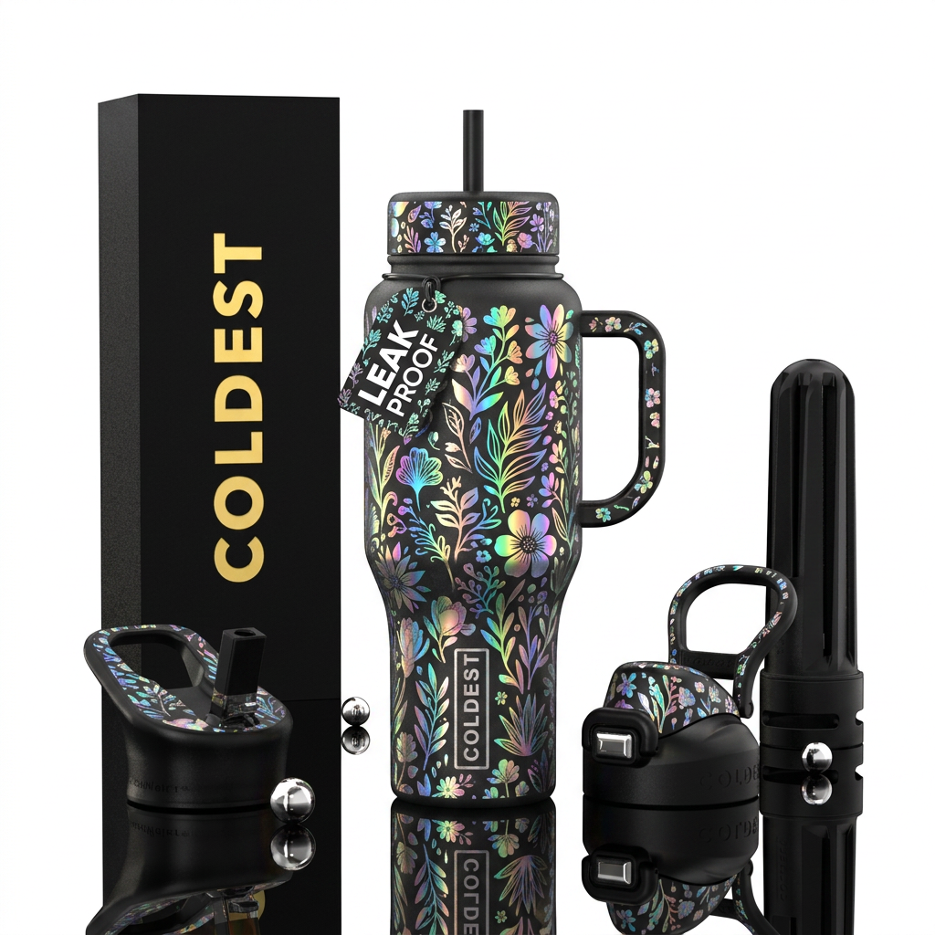 Black base handle and lids multiple different holo... water bottle design