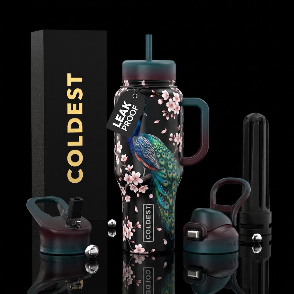 Black base handle and lids beautiful peacock with ... water bottle design