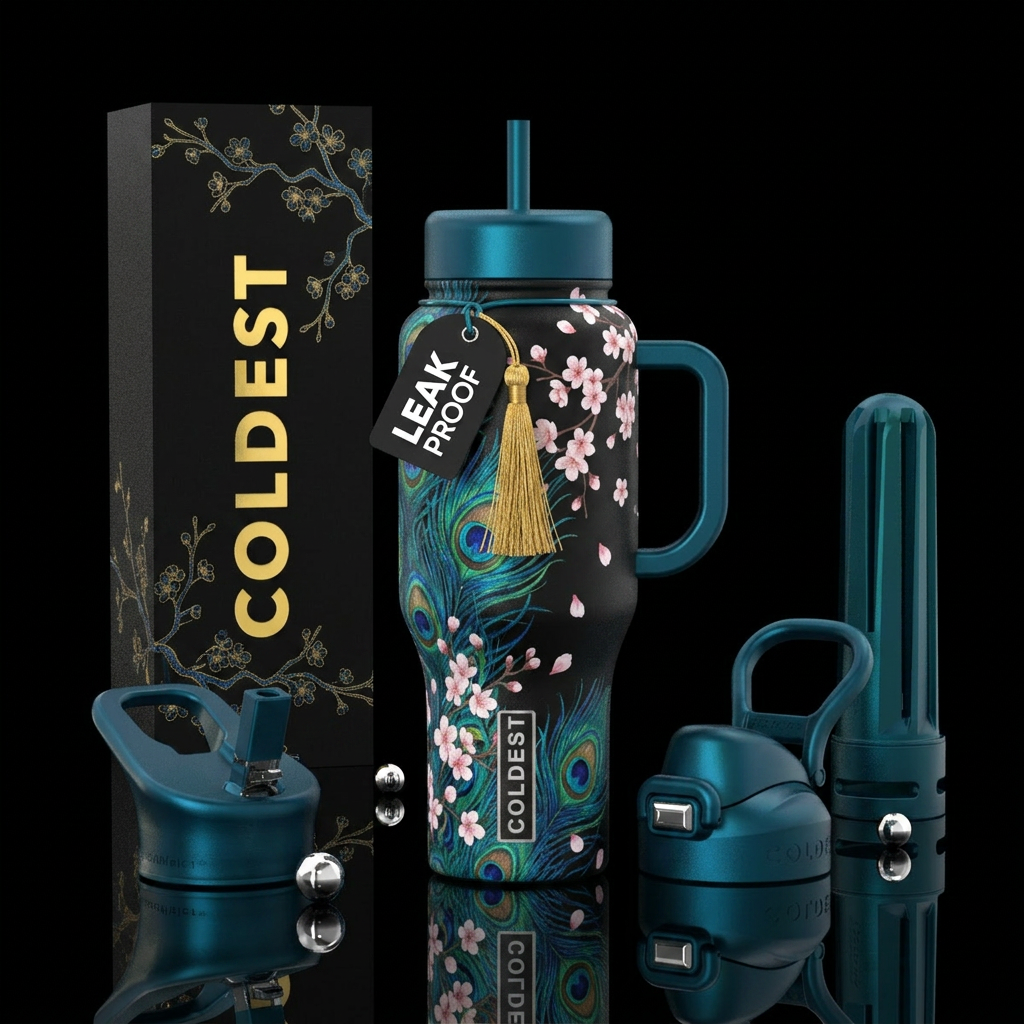 Black base handle and lids beautiful peacock with ... water bottle design