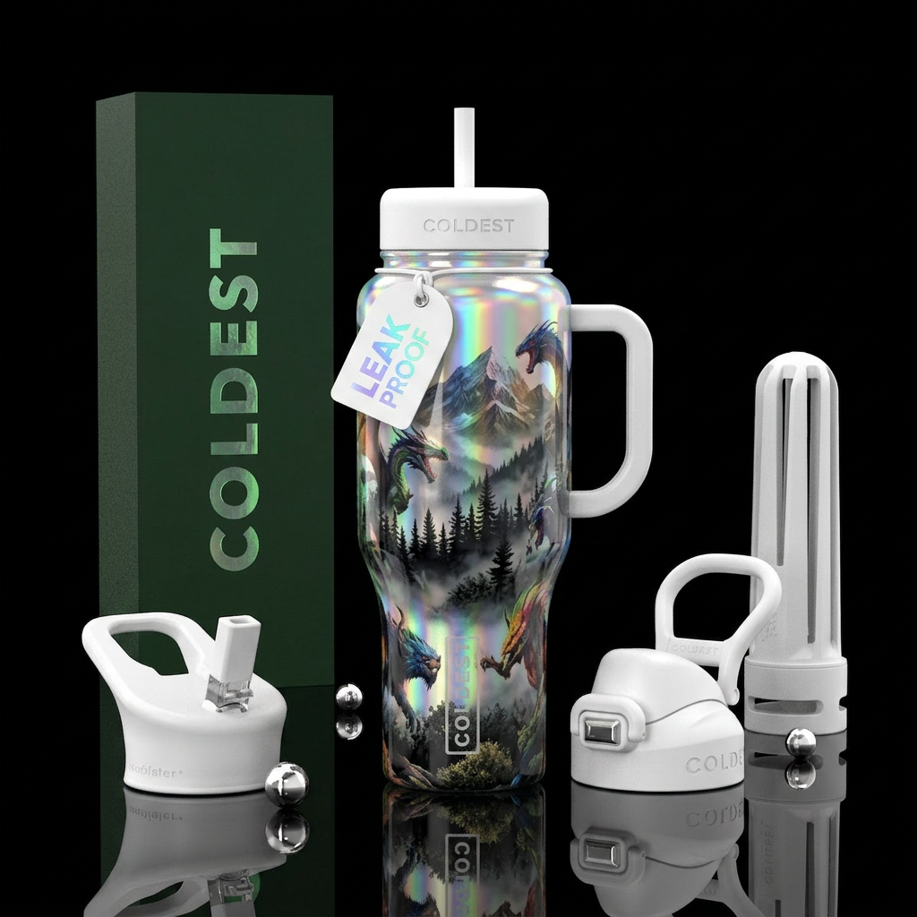 White base handle and lids Mountains  black forest... water bottle design